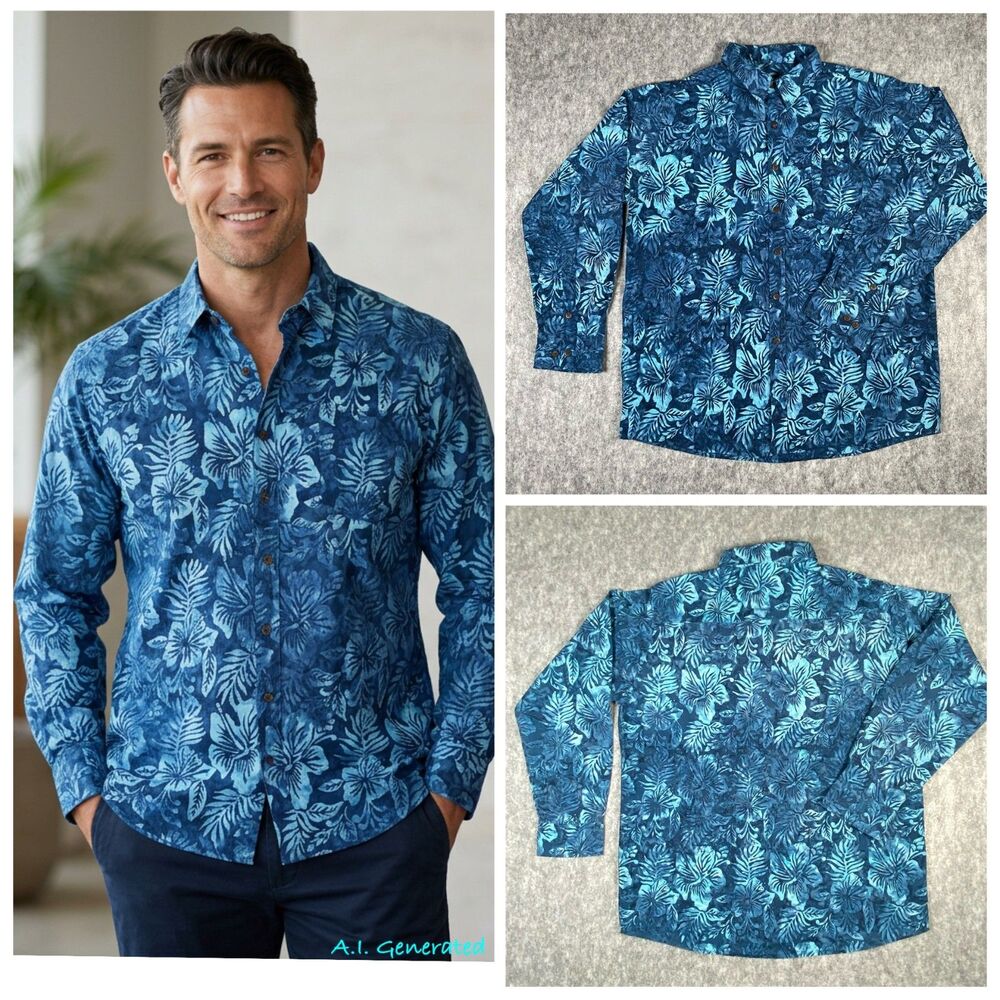 Pete Huntington Handcrafted Bali Hawaiian Style Long Sleeve Shirt XL 100% Cotton